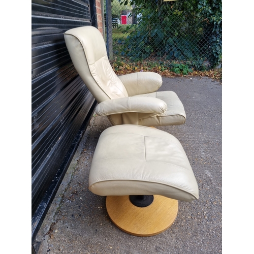 356 - Cream Leather Ekornes Style Reclining Armchair with Matching Stool