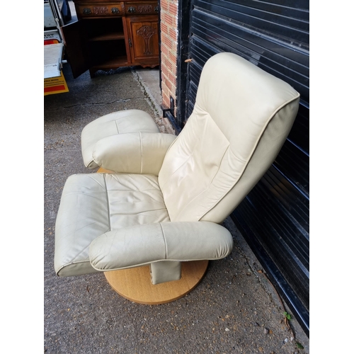 356 - Cream Leather Ekornes Style Reclining Armchair with Matching Stool