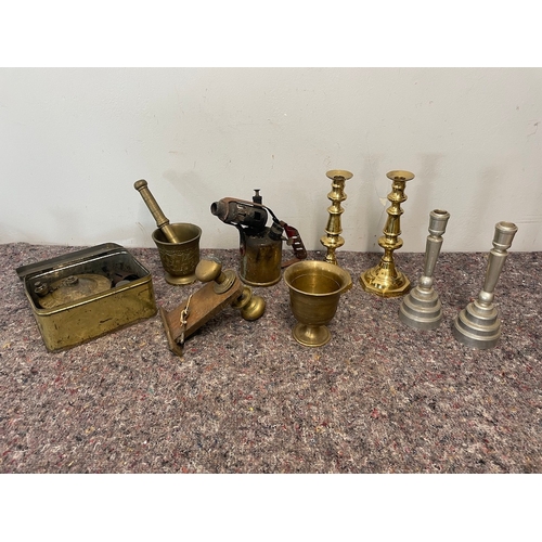 23 - Collection of vintage brass items inc alluvium engineered candlesticks, Veritas Picnic Stive