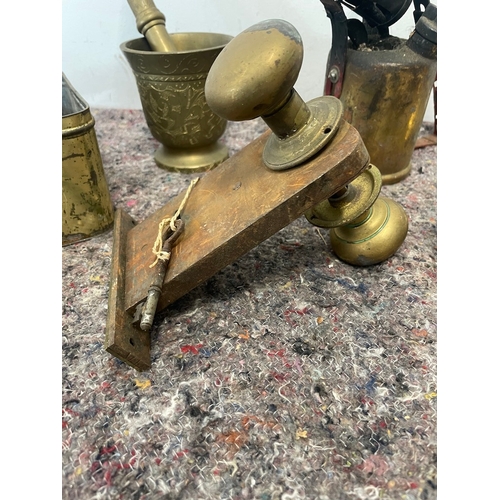 23 - Collection of vintage brass items inc alluvium engineered candlesticks, Veritas Picnic Stive