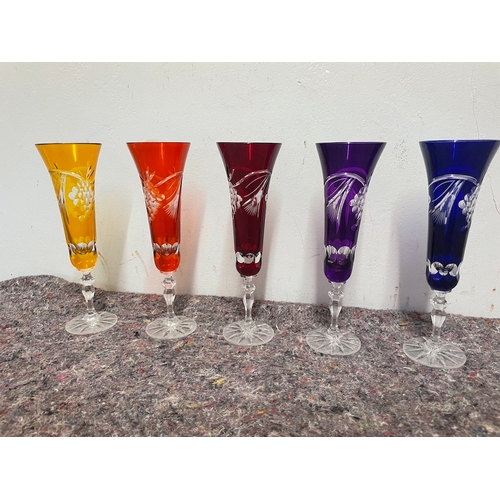 33 - 5 vintage coloured cut glass champagne flutes - some have very slight knick to rim