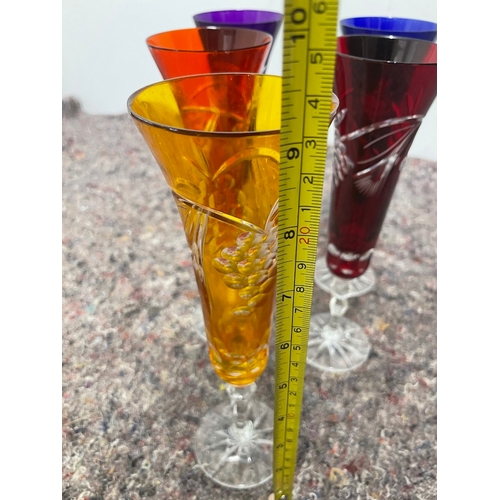 33 - 5 vintage coloured cut glass champagne flutes - some have very slight knick to rim