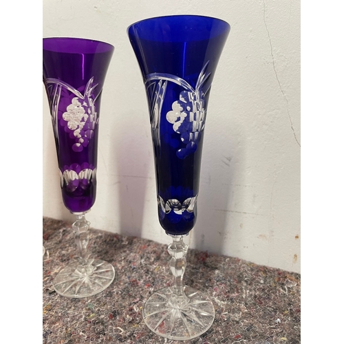 33 - 5 vintage coloured cut glass champagne flutes - some have very slight knick to rim