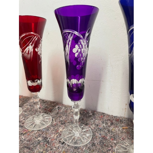 33 - 5 vintage coloured cut glass champagne flutes - some have very slight knick to rim