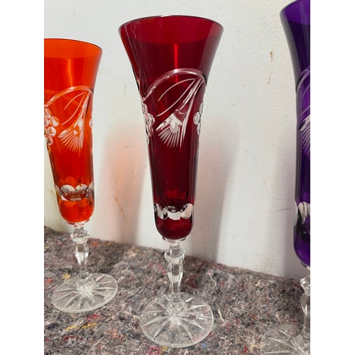 33 - 5 vintage coloured cut glass champagne flutes - some have very slight knick to rim