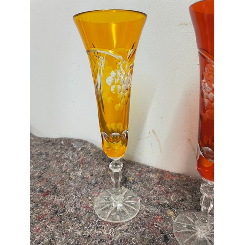 33 - 5 vintage coloured cut glass champagne flutes - some have very slight knick to rim