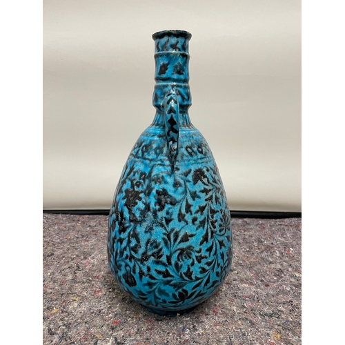 136 - Vintage Handle Blue Glazed Vase / Pourer - signed at bottom - 37cm - chip to glaze as shown