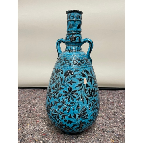 136 - Vintage Handle Blue Glazed Vase / Pourer - signed at bottom - 37cm - chip to glaze as shown