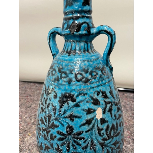 136 - Vintage Handle Blue Glazed Vase / Pourer - signed at bottom - 37cm - chip to glaze as shown