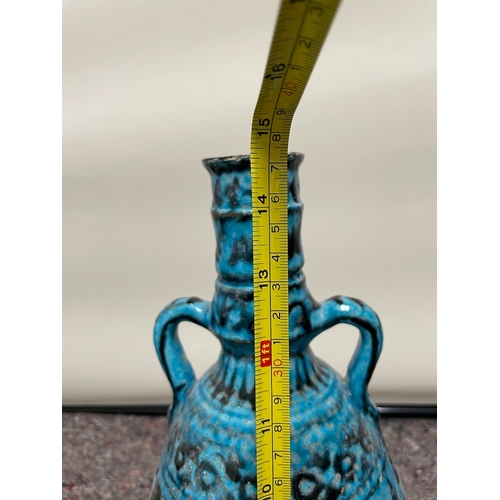 136 - Vintage Handle Blue Glazed Vase / Pourer - signed at bottom - 37cm - chip to glaze as shown