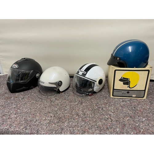 141 - Four Motorcyclist Helmets inc vintage Kangol Colt in box