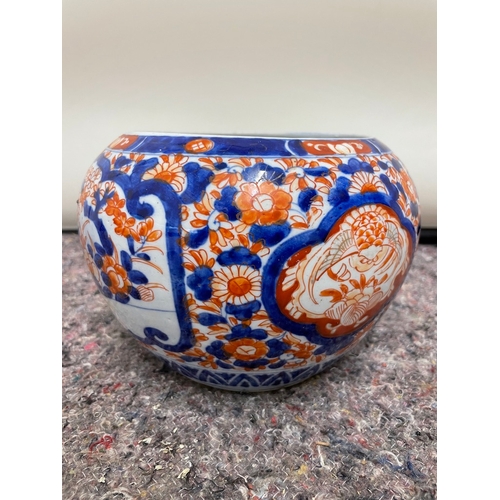 143 - Vintage Oriental hand painted glazed vase / bowl + Glazed Stoneware vase (handle looks to have fract... 