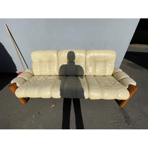 369 - Mid Century Norwegian Designer Ekornes Cream Leather and Teak Three Seater Sofa - 85cm x 210cm