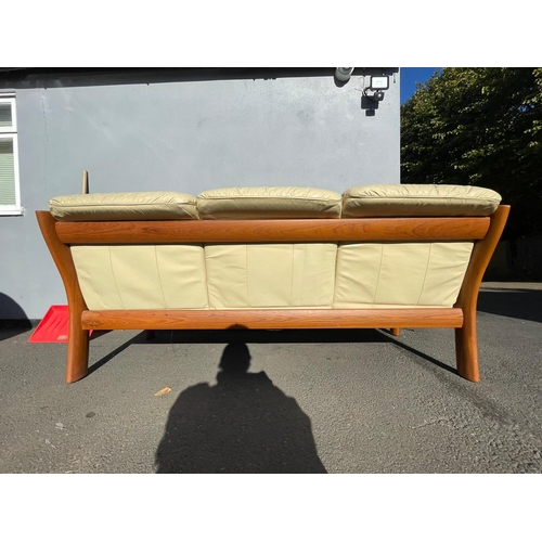 369 - Mid Century Norwegian Designer Ekornes Cream Leather and Teak Three Seater Sofa - 85cm x 210cm