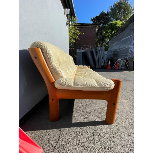 369 - Mid Century Norwegian Designer Ekornes Cream Leather and Teak Three Seater Sofa - 85cm x 210cm