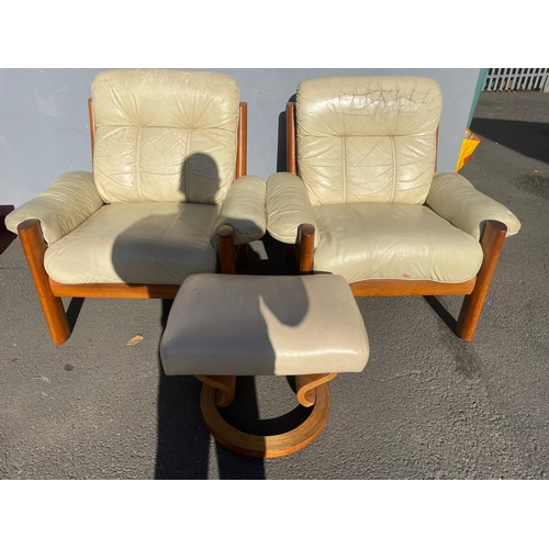 370 - A Pair of Mid Century Norwegian Designer Ekornes Cream Leather and Teak Armchairs + 1 Footrest