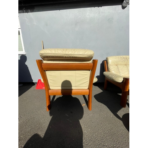 370 - A Pair of Mid Century Norwegian Designer Ekornes Cream Leather and Teak Armchairs + 1 Footrest