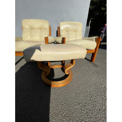 370 - A Pair of Mid Century Norwegian Designer Ekornes Cream Leather and Teak Armchairs + 1 Footrest