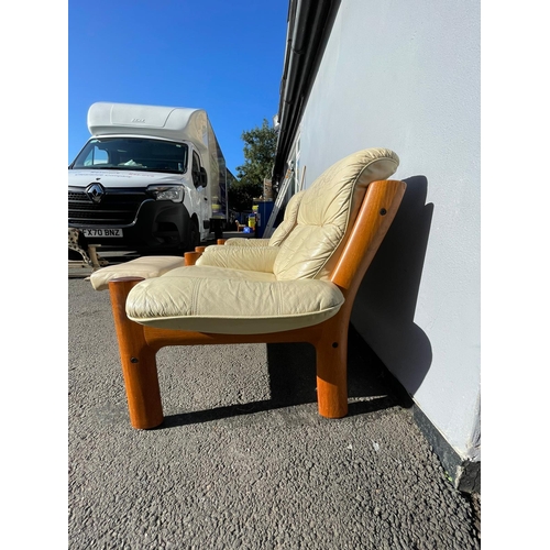 370 - A Pair of Mid Century Norwegian Designer Ekornes Cream Leather and Teak Armchairs + 1 Footrest