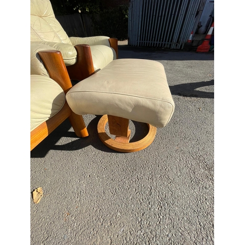 370 - A Pair of Mid Century Norwegian Designer Ekornes Cream Leather and Teak Armchairs + 1 Footrest