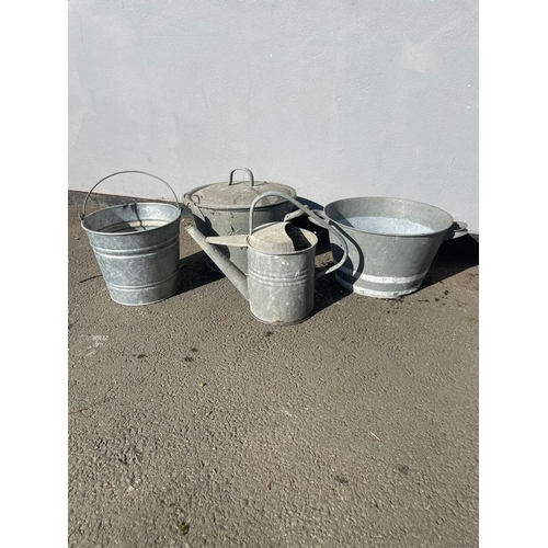 382 - Collection of vintage galvanised metal buckets + watering can