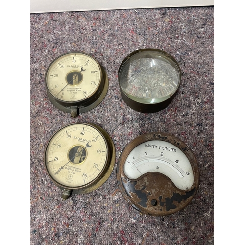 154 - Three vintage gauges / meters + 1 one lens