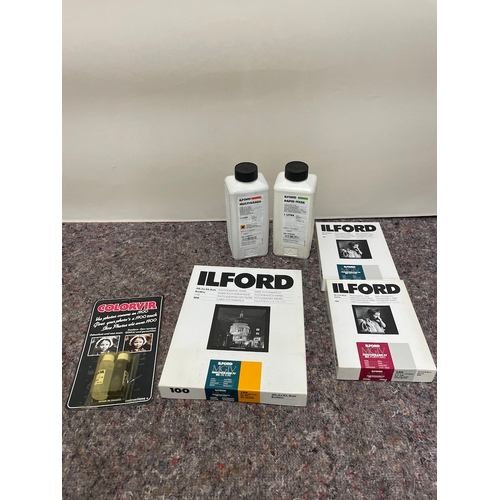 156 - Collection of unused  Ilford photography darkroom paper / chemicals