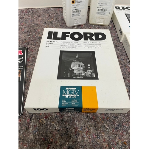 156 - Collection of unused  Ilford photography darkroom paper / chemicals