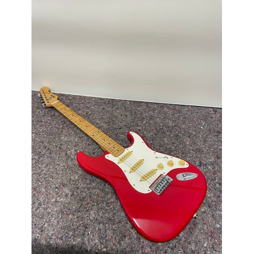 183 - Red Squier Stratocaster by Fender Red Electric Guitar - in good order , small chip shown