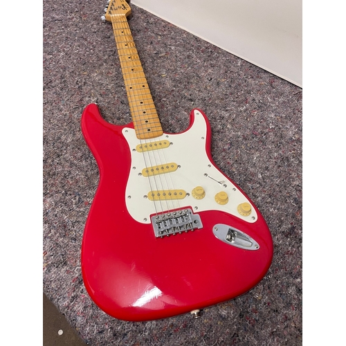 183 - Red Squier Stratocaster by Fender Red Electric Guitar - in good order , small chip shown