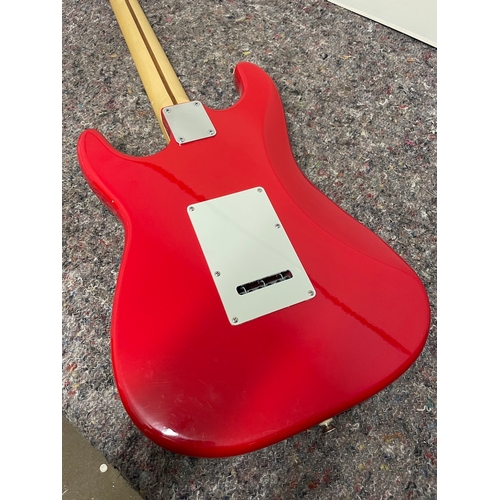 183 - Red Squier Stratocaster by Fender Red Electric Guitar - in good order , small chip shown