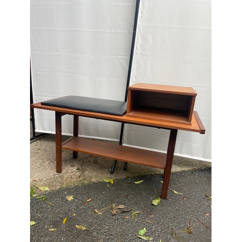 476 - Mid Century Teak Telephone Table with Black Seat Pad - 92cm x 38cm x 60cm