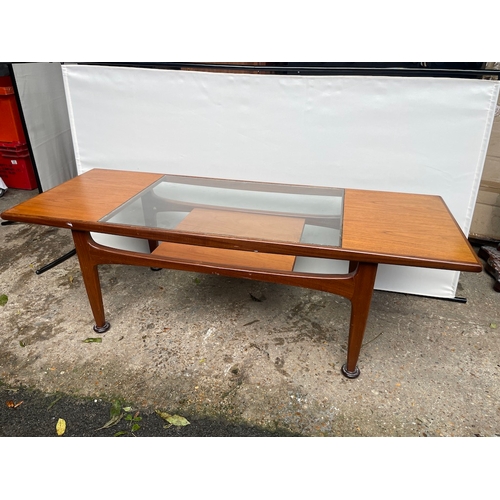 477 - Mid Century Teak G Plan Plank Coffee Table with Glass Top Insert and floating shelf by V B Wilkins -... 