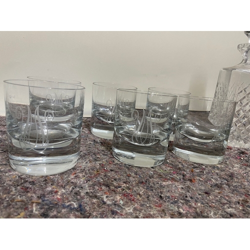 64 - Thick Monogramed Tumblers + Crystal Decanters all in very good order