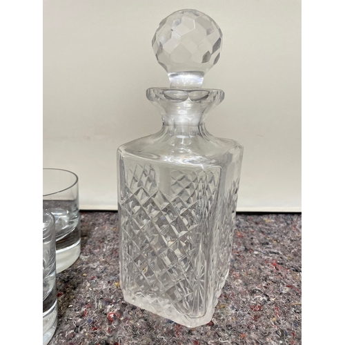 64 - Thick Monogramed Tumblers + Crystal Decanters all in very good order