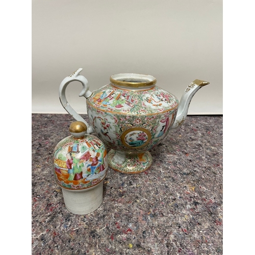 78 - 19th century oriental hand painted tea pot - handled / spout repaired