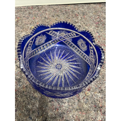 79 - Vintage Bohemian Cut Blue Crystal Bowl + Cut Crystal Lidded Bowl