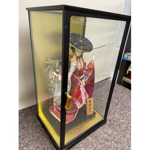 87 - 1980's Porcelain Japanese Geisha Doll in glass display case 40cm x  68cm