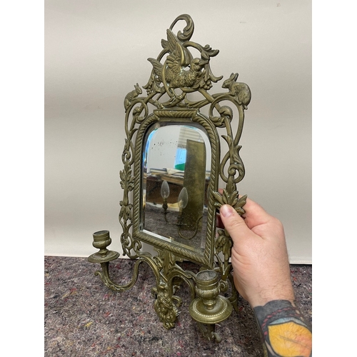 109 - 19th Century brass bevelled mirrored girandole - 29cm x 48cm