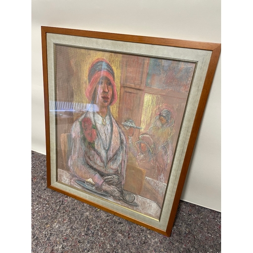 122 - Original glazed framed artwork by Howard Kimmel lady in cafe in pastel- 60cm x 70cm