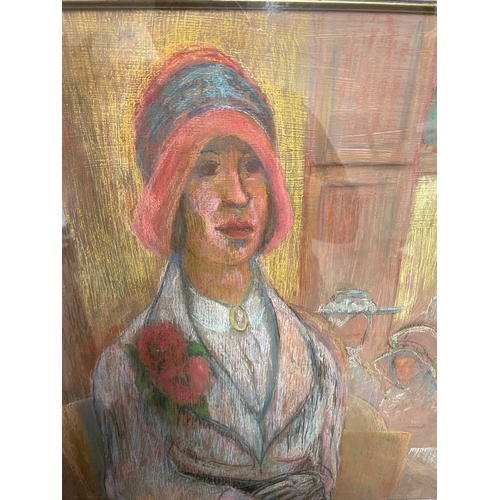 122 - Original glazed framed artwork by Howard Kimmel lady in cafe in pastel- 60cm x 70cm