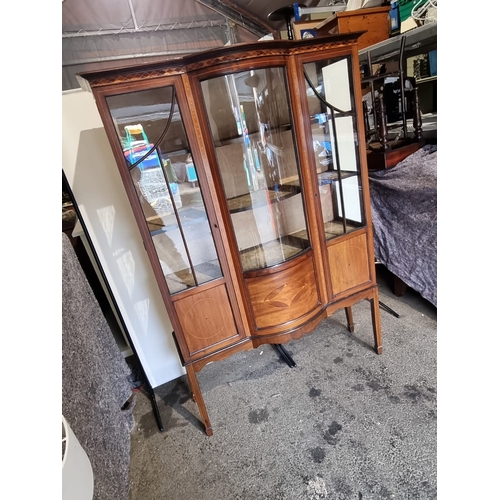 167 - Edwardian Mahogany breakfront glazed display cabinet with key - 119cm x 40cm x 173cm - in very good ... 