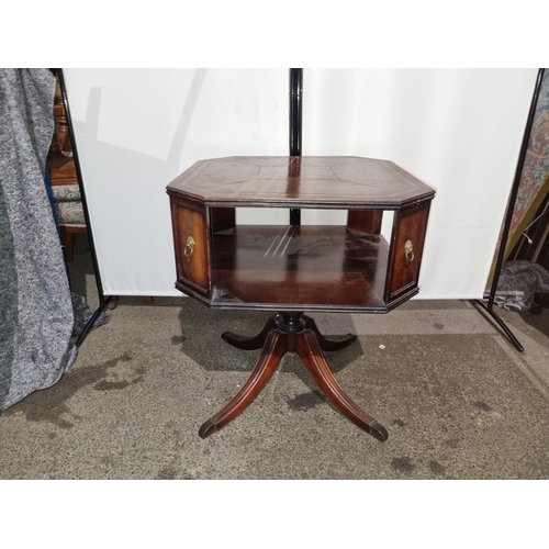 171 - Early 20th century side / lamp table with leather top and compartment - 64cm x 63cm x 72cm