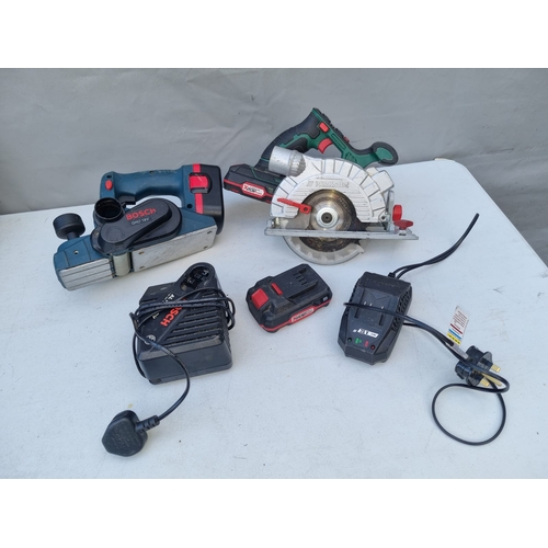 390 - Bosch Plane + Parkside Circular Saw , batteries + chargers - advised working but not tested