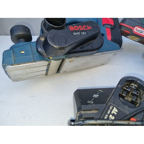 390 - Bosch Plane + Parkside Circular Saw , batteries + chargers - advised working but not tested