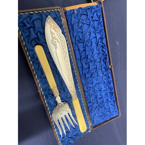 76 - Vintage cased silver plate and sterling silver handled serving Knives / Forks / Pie Slicer