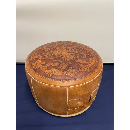 3 - Vintage Embossed Tanned Leather Pouffe 41cm x 29cm