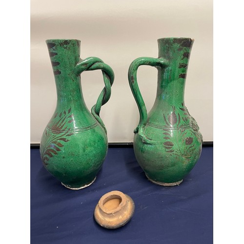 9 - A Pair of Early 20th Century Green painted terracotta Ewer Pitchers - A/F