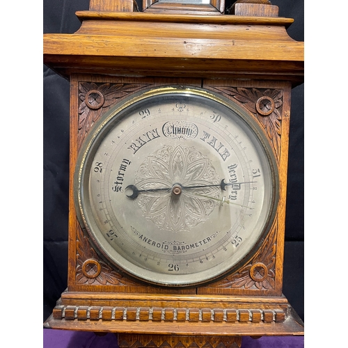 97 - Antique Oak Cased Aneroid Barometer 30cm x 95cm