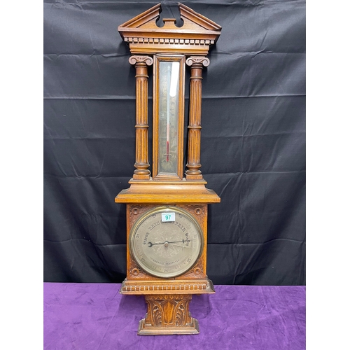 97 - Antique Oak Cased Aneroid Barometer 30cm x 95cm